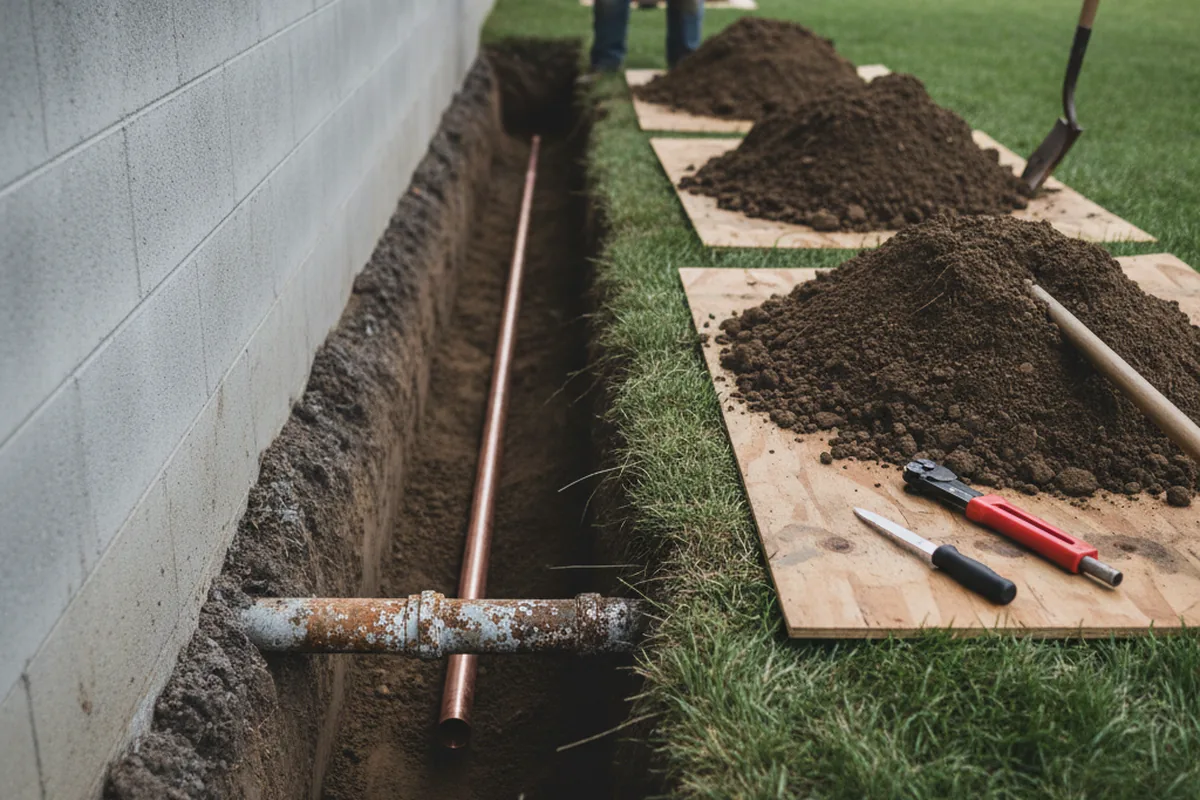 Excavated water line trench during Water Heater Repair in Walton